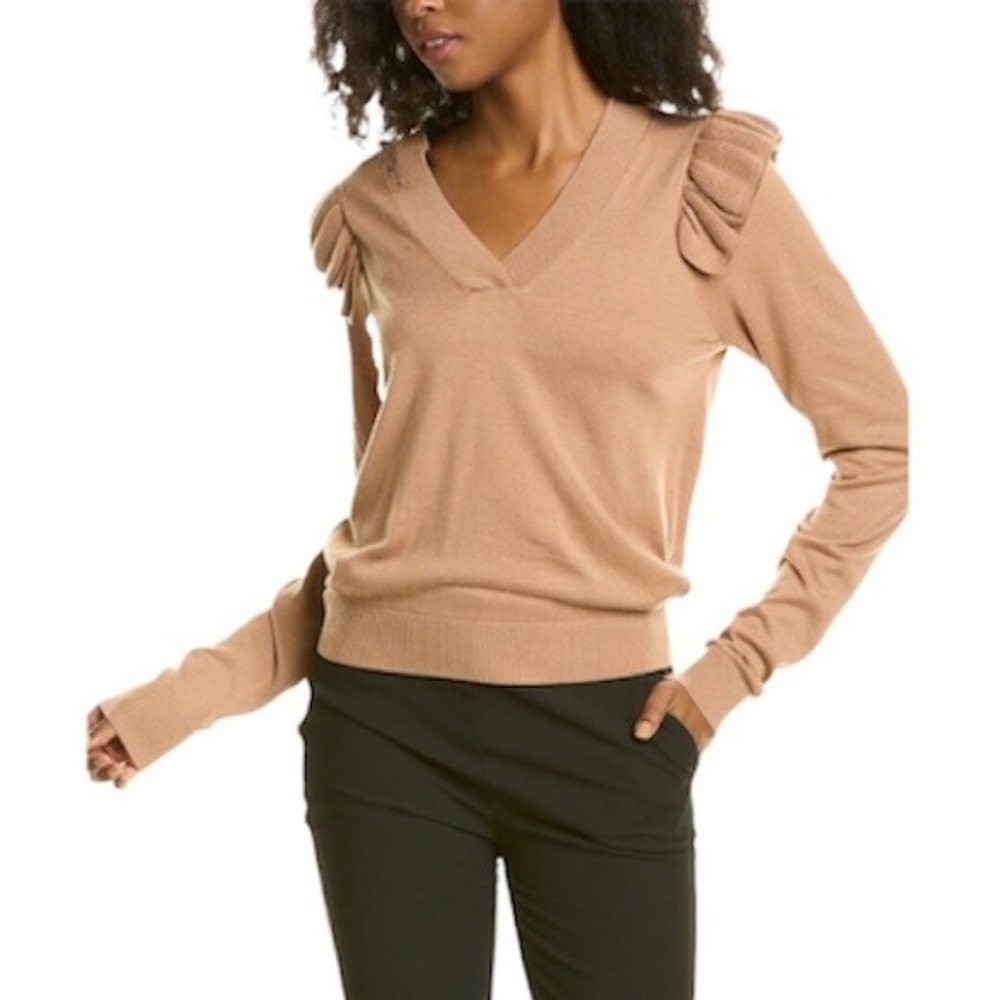 Brochu Walker Anaise Womens Ruffle Shoulder‎ V-Neck Cashmere Blend Sweater Tan S